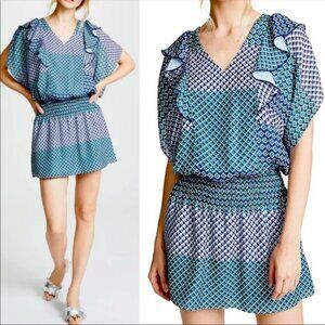NWT Luisa Blue Green Cese Geo Print Smocked Waist Dress Size Medium V Neck